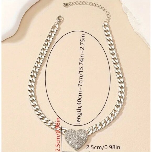 18K Gold Plated Silver Color Cuban Chain Necklace With Rhinestone Heart Pendant - Picture 2 of 3